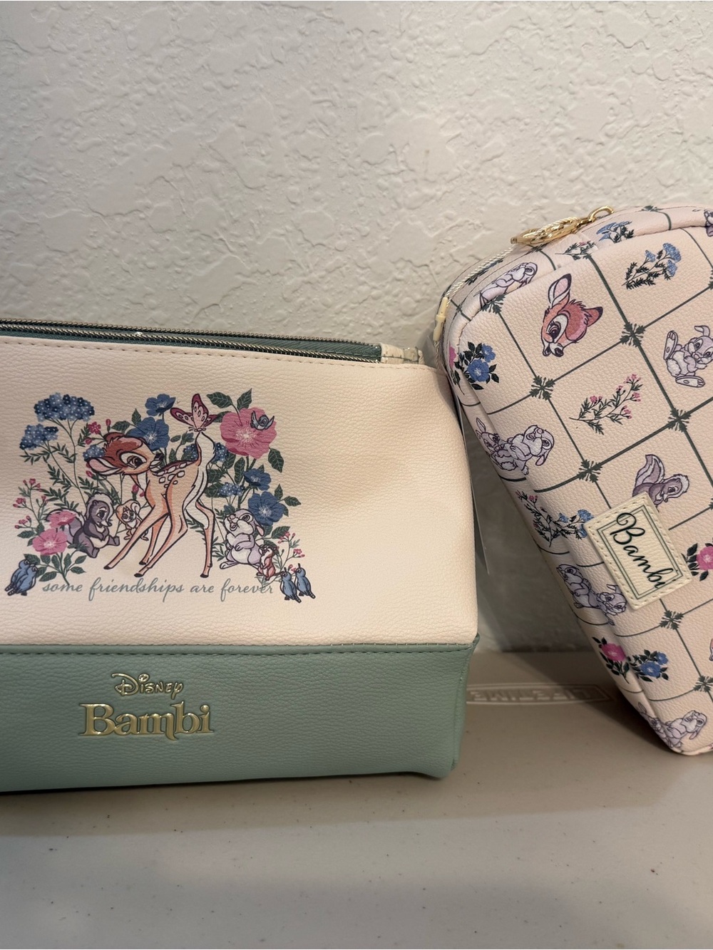 New womens Disney Bambi Floral Cosmetic Pouch in Blush and Sage bundle